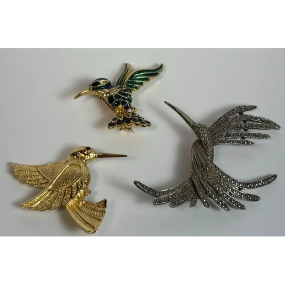 Brooch Lot Hummingbirds Vintage Silver Tone Green Painted Gold Tone‎ 2 inch